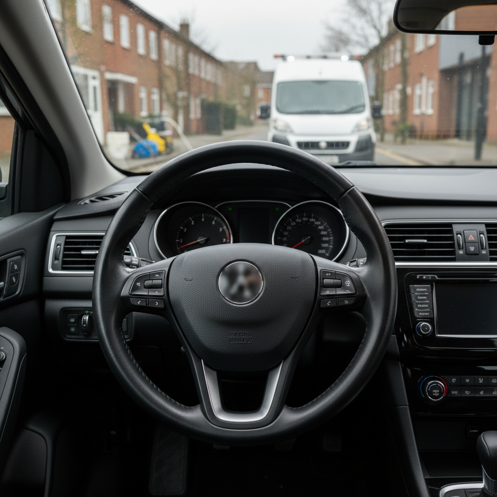 A close-up of a freshly detailed steering wheel and dashboard in a mid-range sedan, the matte black materials perfectly clean with no dust, smudges, or shine spots. Air vents, control buttons, and the instrument cluster glass look surgical in their cleanliness, with subtle reflections but no streaks. The car is parked outdoors in a quiet urban side street, with mobile detailing equipment and a compact van softly blurred in the background outside the windshield. Overcast daylight provides soft, even, photographic lighting with no harsh shadows, emphasizing texture and cleanliness. Captured from the driver’s seat perspective with a centered composition and moderate depth of field, the mood is professional, trustworthy, and efficient, ideal for showcasing thorough mobile interior cleaning services.
