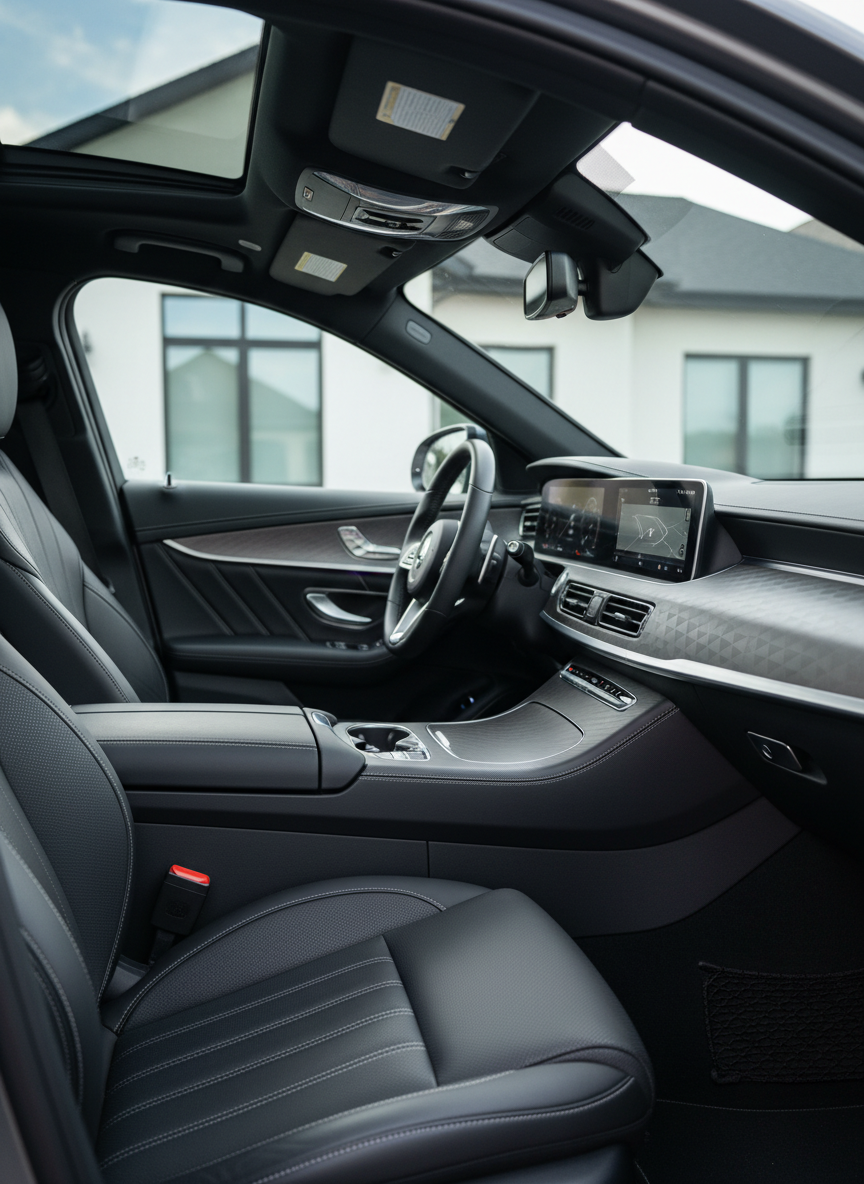 A meticulously detailed luxury car interior, with immaculate black leather seats featuring precise white stitching and a subtly patterned dashboard with brushed aluminum accents. The center console is spotless, cup holders and storage compartments gleaming and empty, with a pristine touchscreen display free of fingerprints. The car is parked in a clean, upscale residential driveway, with a blurred modern house hinted through the side windows. Soft, diffused afternoon daylight enters from all sides, creating gentle reflections on polished surfaces and a calm, sophisticated atmosphere. Photographic realism, shot from an eye-level angle from the open driver’s door, with a shallow depth of field that keeps the front cabin in crisp focus while the rear softly fades, conveying precision, cleanliness, and premium mobile interior detailing.