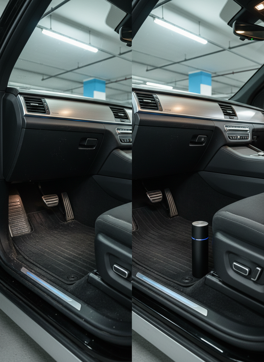 A detailed before-and-after style composition inside a premium SUV, artistically divided within one photographic frame: on the left, the front passenger footwell appears dull with faint dust in crevices and slightly matted carpet; on the right, the same area is transformed, carpets flawlessly vacuumed with subtle lines, plastic panels deep-cleaned to a uniform satin finish, and a discreet interior fragrance diffuser placed elegantly beside the console. The setting is a private underground parking space in an upscale building, lit by soft overhead LEDs with a cool, sophisticated tone. The lighting and focus remain consistent across both halves, with a precise eye-level angle and photographic realism, emphasizing the dramatic yet tasteful impact of professional mobile interior detailing and the convenience of on-site service.