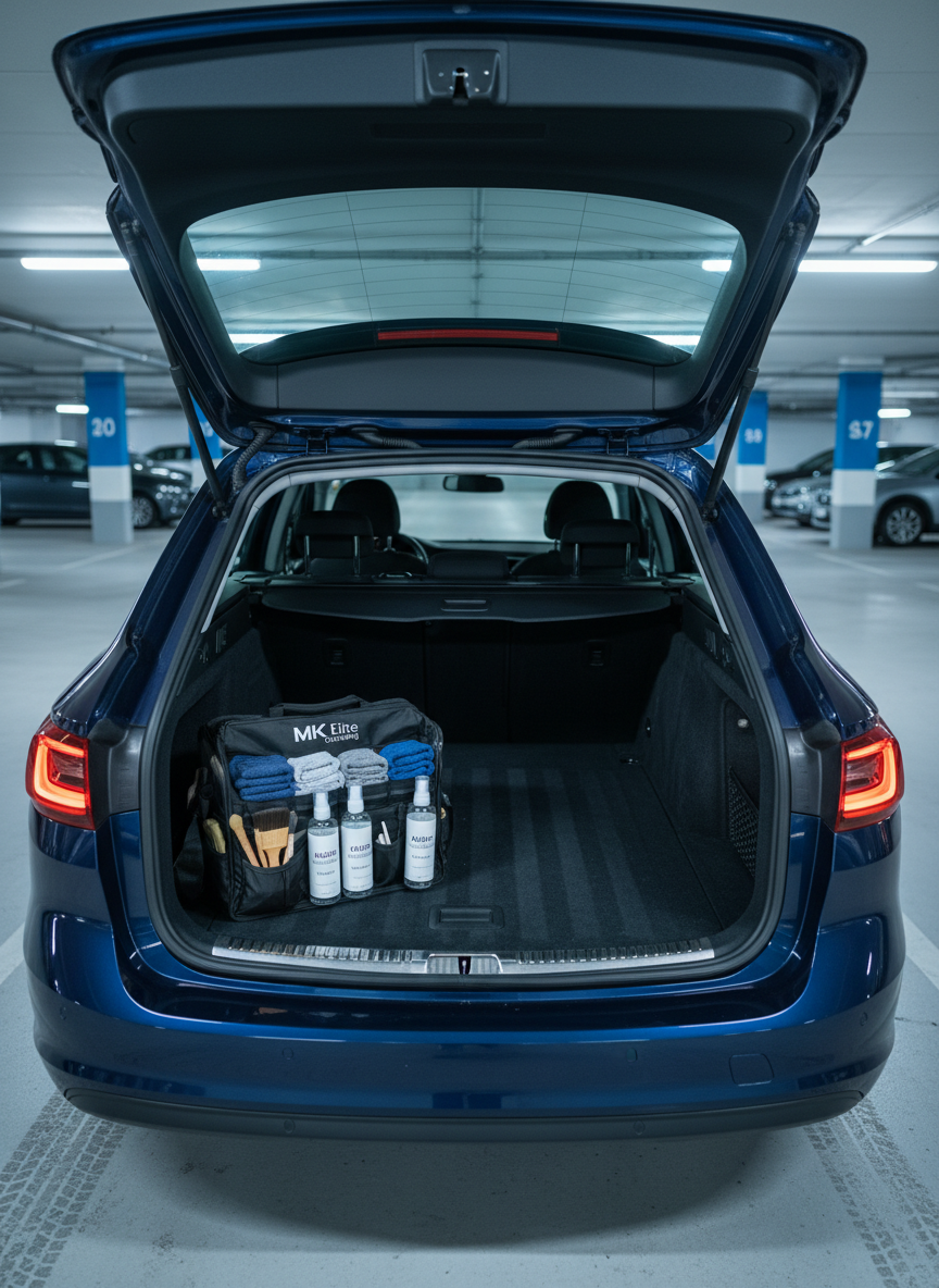 The trunk area of a dark blue station wagon, fully detailed and organized: a deep, freshly vacuumed carpet with precise, parallel grooming lines, spotless side panels, and clean metal latch areas. In one corner, a neatly arranged MK Elite Detailing–branded mobile kit is open, showing color-coordinated microfiber towels, labeled interior cleaners, and fine detailing tools, all impeccably clean. The vehicle is parked in an underground garage, with cool white LED lighting creating crisp highlights and soft, controlled shadows that emphasize order and precision. Photographic realism, shot from a low, straight-on angle at trunk level, with a balanced composition and clear depth from the bumper edge to the back seats, conveying reliability, preparation, and high-end mobile professionalism.